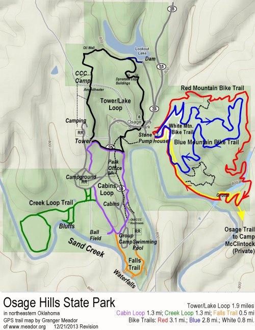 Map of Osage Hills State Park in Oklahoma, showing various trails including bike and hiking routes in different colors.