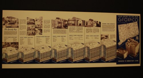 A vintage directory map of G. Fox & Co. department store, detailing various floors and sections.