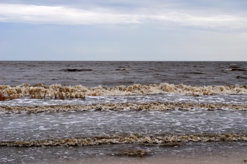 Waves gently roll onto a sandy beach, with cloudy skies and sea grass visible along the shoreline.