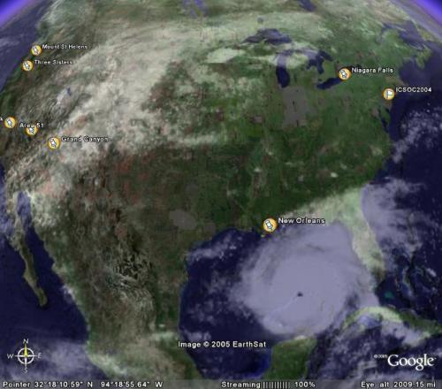 A satellite view of North America showing landmarks like New Orleans, the Grand Canyon, and Niagara Falls.
