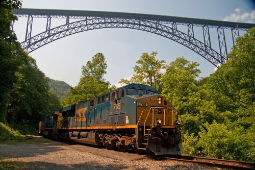 A freight train passes under a large steel bridge, surrounded by lush green trees and a clear blue sky.