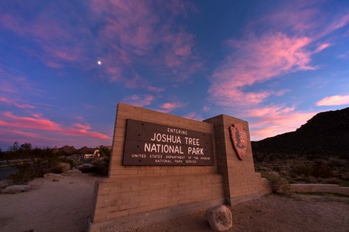 Sign for Joshua Tree National Park at sunset, with colorful clouds and a hint of the moon in the sky.