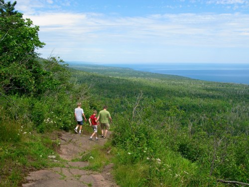 Three people walking along a trail with a scenic view of a lush green landscape and the ocean in the distance.