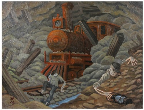 A dramatic painting of a train in a smoky tunnel, with two figures struggling amidst debris and shadows.
