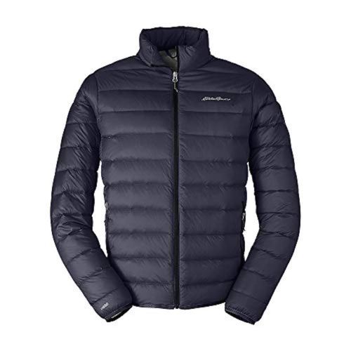 A navy blue puffer jacket with a zip front and high collar, featuring a logo on the chest.