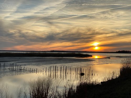 A serene sunset over a calm waterway, with silhouetted posts and wispy clouds reflecting in the water.