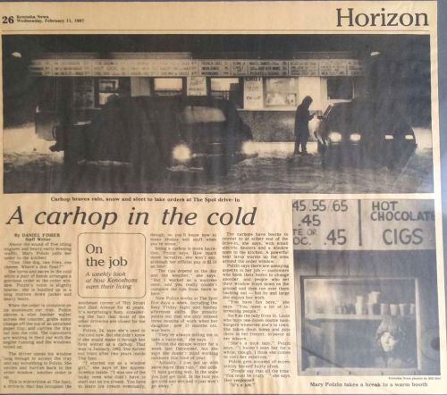 A newspaper page featuring an article titled "A carhop in the cold," with images of a drive-in and a carhop.