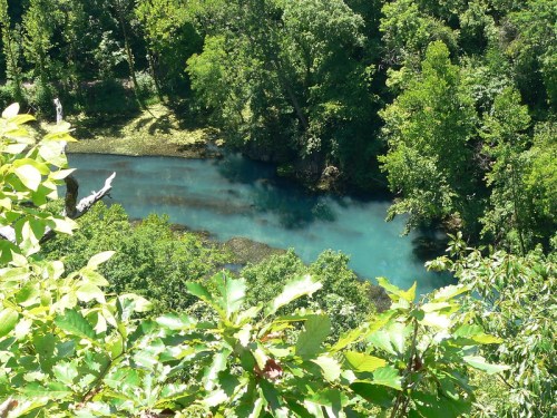 A serene river flows through lush green trees, reflecting vibrant blue water under bright sunlight.