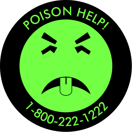 Green circular graphic with a frowning face, text reads "POISON HELP! 1-800-222-1222" on a black background.