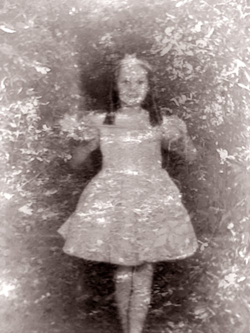 A blurred, vintage-style image of a girl in a dress, surrounded by foliage, creating a dreamlike atmosphere.