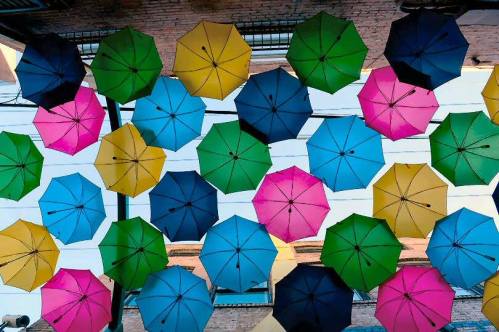 Colorful umbrellas in various shades suspended overhead against a clear sky, creating a vibrant canopy.