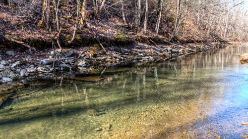A serene riverbank with clear water reflecting trees and rocks, surrounded by a peaceful forest landscape.