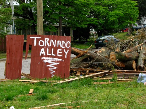 A wooden sign reading "Tornado Alley" next to a pile of fallen tree branches and debris in a grassy area.