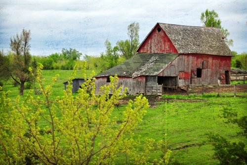 A weathered red barn surrounded by lush green fields and trees under a cloudy sky.