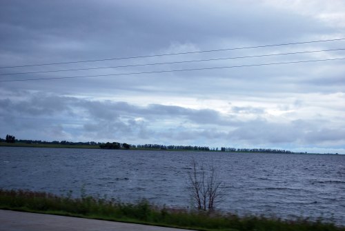 A calm body of water under a cloudy sky, with distant trees lining the horizon.
