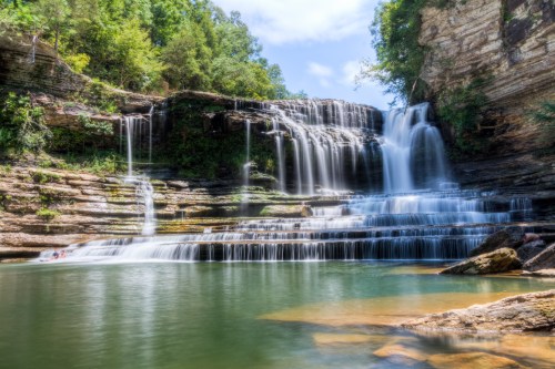 A serene waterfall cascades over rocky tiers into a clear pool, surrounded by lush greenery and a bright blue sky.