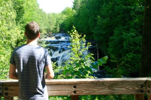 A person stands on a wooden railing, gazing at a waterfall surrounded by lush green trees.
