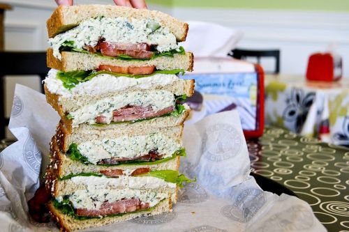 A tall sandwich stacked with layers of chicken salad, lettuce, tomato, and whole grain bread on a patterned table.