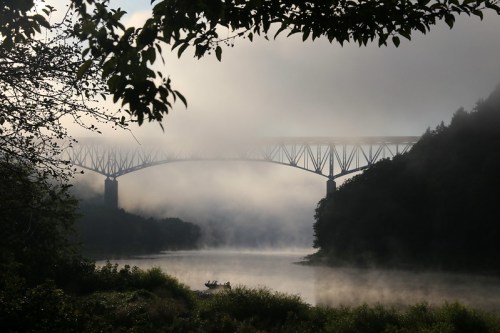 A misty river scene featuring a large bridge silhouetted against fog and trees.