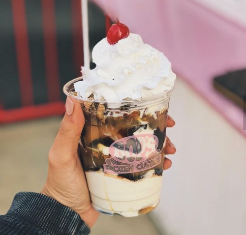 A hand holding a cup of frozen custard topped with whipped cream and a cherry, featuring a chocolate drizzle.