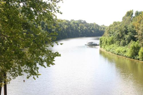 A serene river scene with lush green trees lining the banks and a small boat docked in the distance.