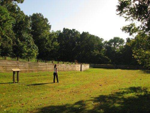 A person walks on a grassy field surrounded by trees and a wooden fence under a clear blue sky.