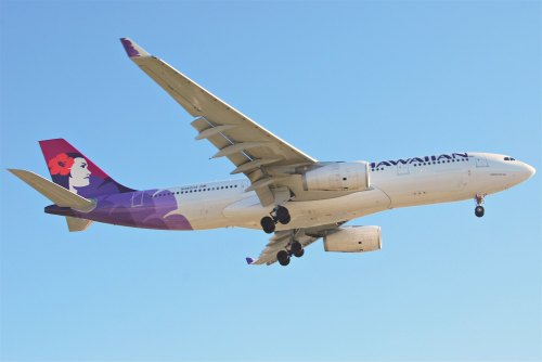 A Hawaiian Airlines airplane in flight against a clear blue sky, featuring a colorful tail design.