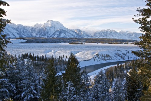 Snow-covered mountains and a river surrounded by evergreen trees under a clear sky.