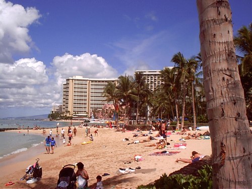 A sunny beach scene with people sunbathing, palm trees, and a hotel in the background under a blue sky with clouds.