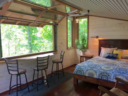Cozy bedroom with a patterned bedspread, bar stools, and large windows overlooking a lush green forest.
