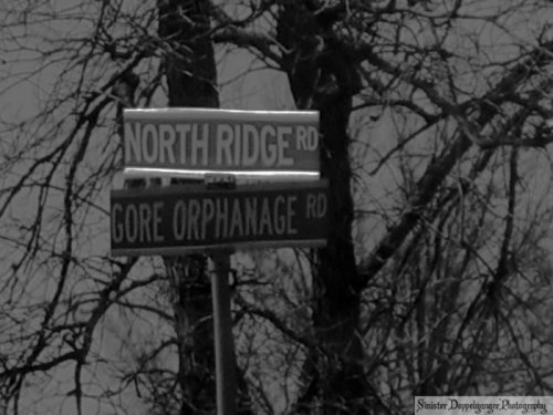 Two street signs in black and white: "North Ridge Rd" and "Gore Orphanage Rd," with bare trees in the background.