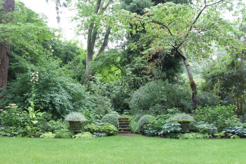 Lush green garden with various plants, trees, and decorative planters, creating a serene and natural atmosphere.