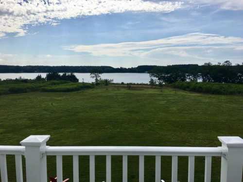 A serene view of a grassy field leading to a calm lake, framed by trees under a partly cloudy sky.