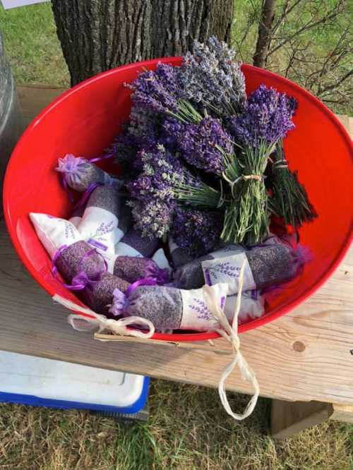 A red bowl filled with bundles of lavender and lavender sachets on a wooden table outdoors.