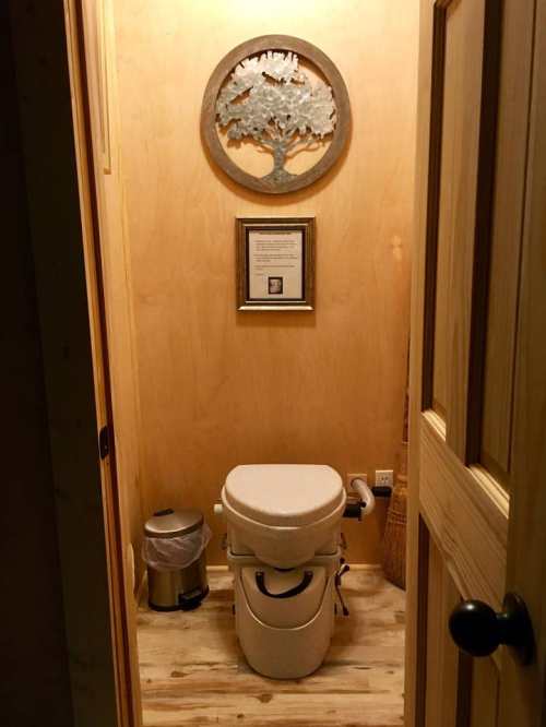 A cozy bathroom with a composting toilet, wooden walls, a framed picture, and a tree decoration above.