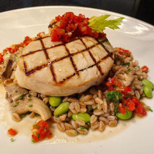 Grilled chicken breast on a bed of farro, topped with diced tomatoes and celery, garnished with herbs.