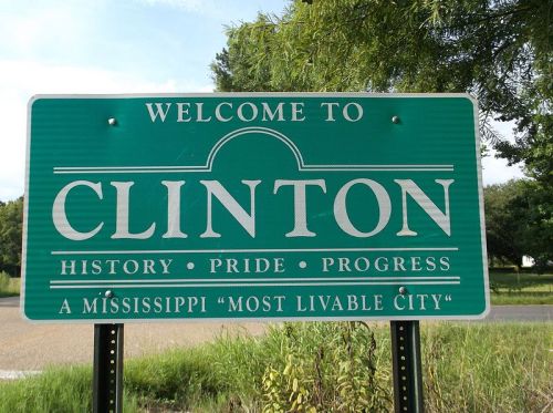 Welcome sign for Clinton, Mississippi, highlighting "History, Pride, Progress" and noting it as the "Most Livable City."