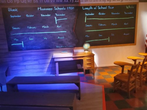 A classroom display showing a timeline of Mississippi schools in 1954, highlighting Black and White school years.