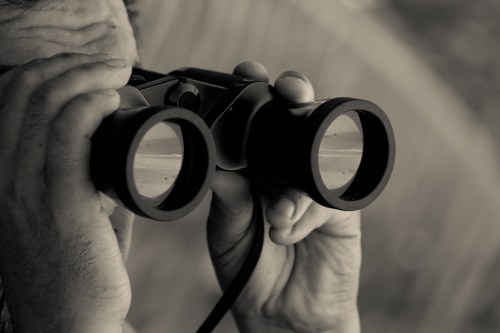 A person holding binoculars, looking through them with a focused expression. The image is in black and white.