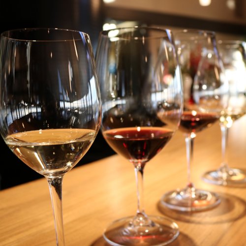 Four wine glasses filled with white and red wine, lined up on a wooden bar. Soft lighting in the background.