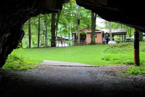 View from inside a cave opening, looking out to a grassy area with trees and a wooden building in the distance.