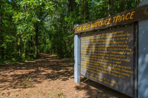 Sign for the Old Natchez Trace, surrounded by trees, detailing its historical significance and communication routes.