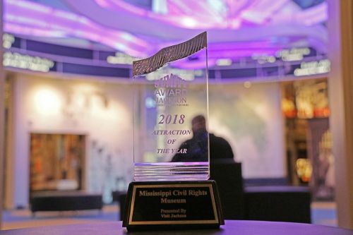 A crystal award for "Attraction of the Year 2018" presented to the Mississippi Civil Rights Museum.