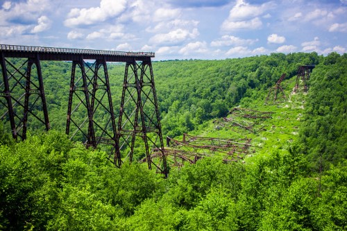 A rusted railway trestle spans a lush green valley under a partly cloudy sky, with remnants of another trestle nearby.