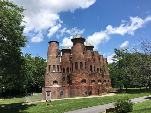 Historic brick castle with multiple towers, surrounded by green trees and a blue sky with fluffy clouds.