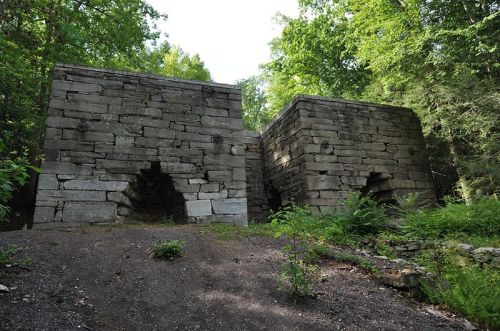 Two large, weathered stone structures partially covered by greenery in a forested area.