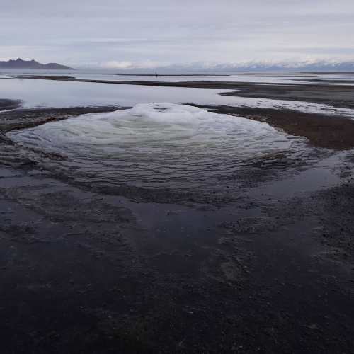 A circular formation of white foam on a wet, muddy surface, surrounded by water and distant mountains under a cloudy sky.