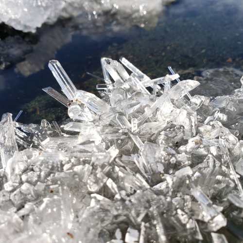 Close-up of shimmering ice crystals scattered on a surface, reflecting light and surrounded by water.