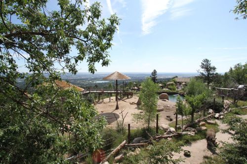 A scenic view of a zoo area featuring a sandy enclosure, trees, and a distant landscape under a blue sky.