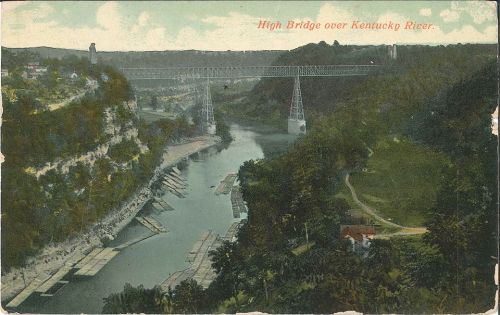A vintage postcard depicting the High Bridge over the Kentucky River, surrounded by lush greenery and a serene landscape.